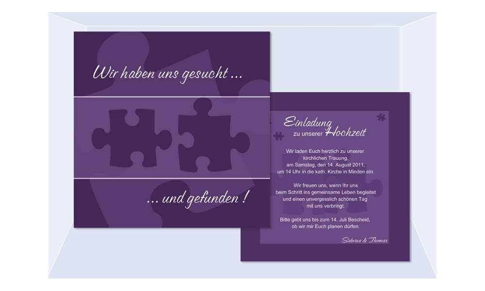 Einladungskarte Hochzeit "Puzzle", Flachkarte 12,5x12,5 cm, lila