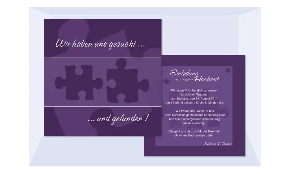 Einladungskarte Hochzeit "Puzzle", Flachkarte 12,5x12,5 cm, lila