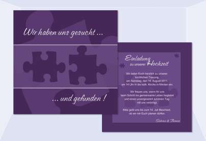 Einladungskarte Hochzeit "Puzzle", Flachkarte 12,5x12,5 cm, lila