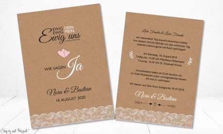 Einladung Hochzeit Ja Vintage Kraftpapier weiß rosa Spitze