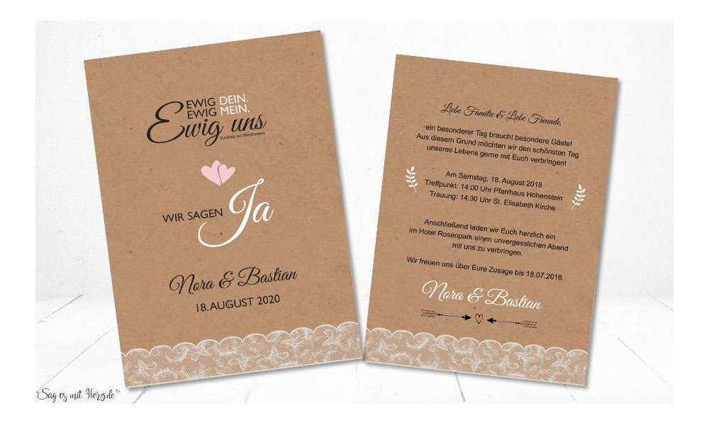 Einladung Hochzeit Ja Vintage Kraftpapier weiß rosa Spitze