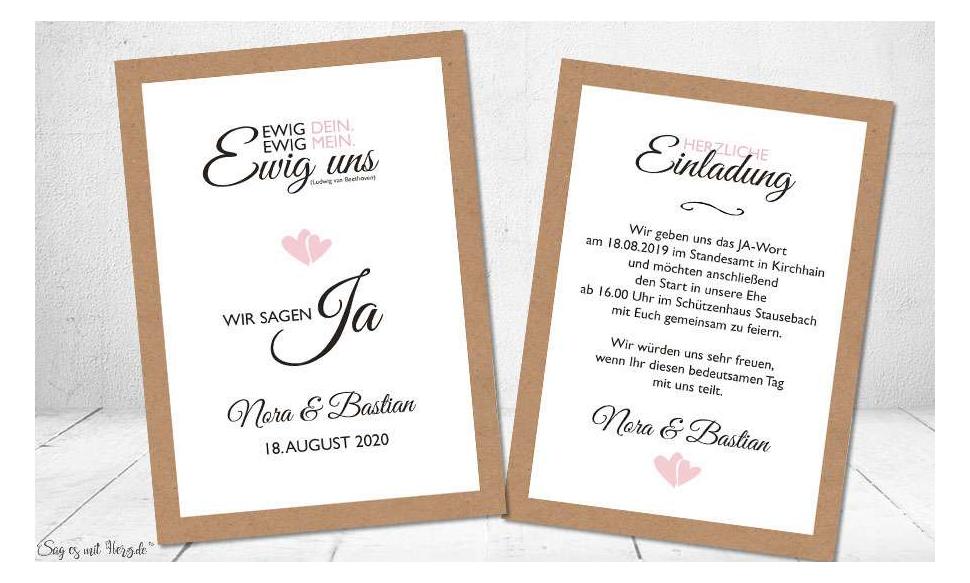 Einladung Hochzeit Ja Vintage Kraftpapier weiß rosa