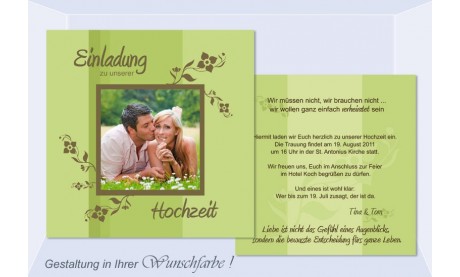 Einladungskarte Hochzeit "Blumenwiese", Flachkarte 12,5x12,5 cm, grün