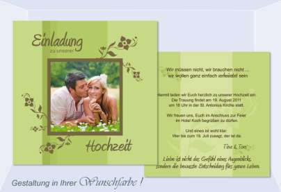 Einladungskarte Hochzeit "Blumenwiese", Flachkarte 12,5x12,5 cm, grün