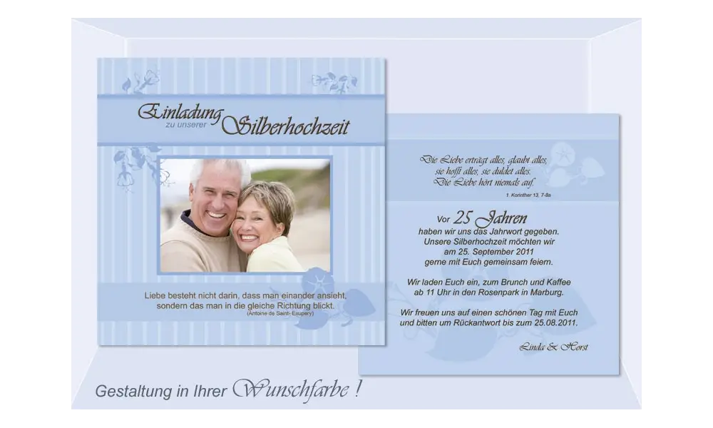 Einladungskarte Silberne Hochzeit, Flachkarte 12,5x12,5 cm, hellblau