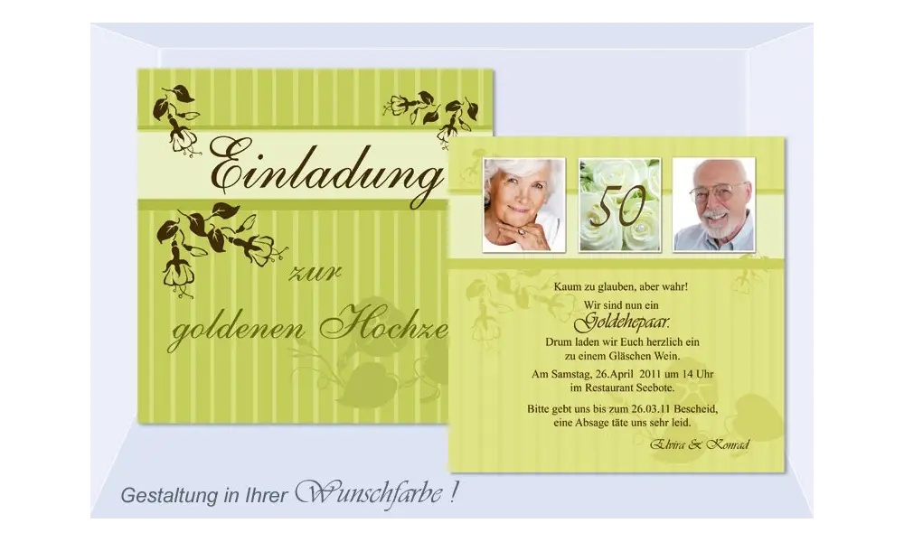 Einladungskarte Goldene Hochzeit, Flachkarte 12,5x12,5 cm, grün