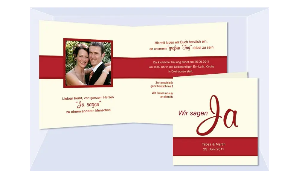 Einladungskarte Hochzeit "Ja-Sager", Klappkarte Quadrat, rot creme