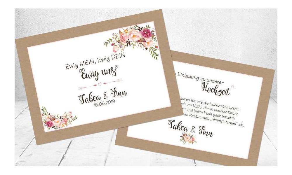 Hochzeitseinladungen romantisch rosa floral Vintage Blumen Kraftpapier