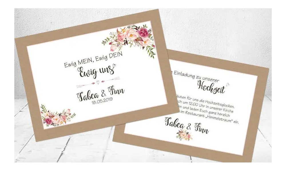 Hochzeitseinladungen romantisch rosa floral Vintage Blumen Kraftpapier