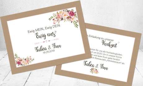 Hochzeitseinladungen romantisch rosa floral Vintage Blumen Kraftpapier