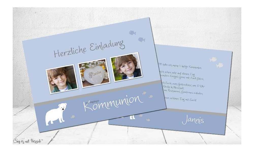 Einladung Kommunion Fisch Eisbär hellblau