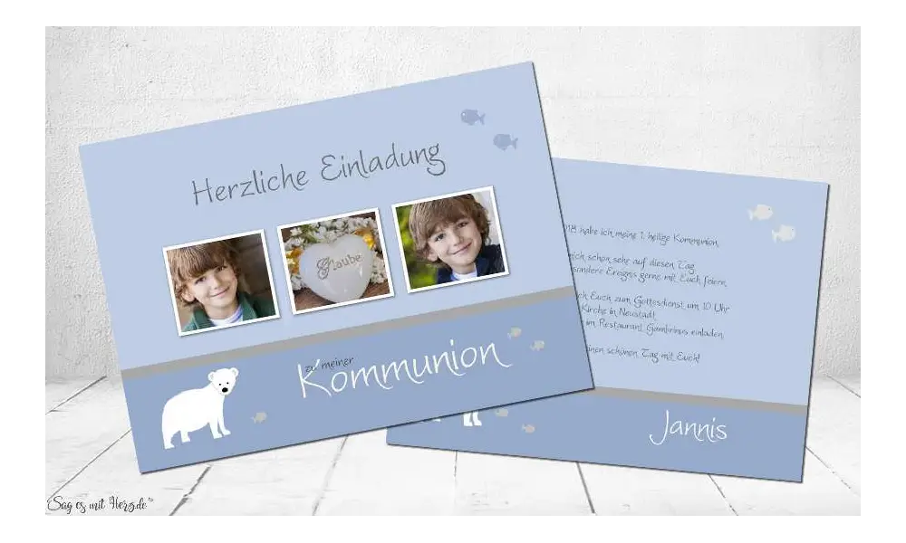 Einladung Kommunion Fisch Eisbär hellblau