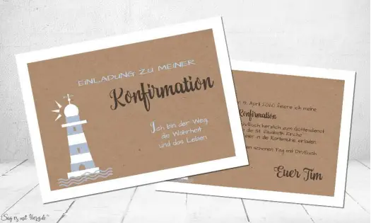 Einladungskarte Kommunion Leuchtturm blau Kraftpapier Jute