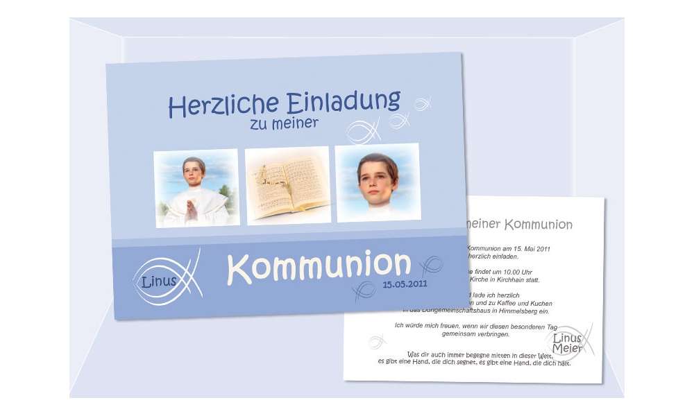 Einladung Kommunion / Konfirmation, Postkarte 10x15 cm, Fisch hellblau