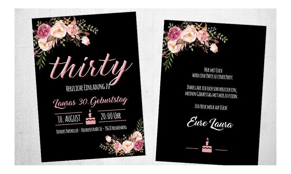 Einladungskarten-Geburtstag-thirty-Blumen-floral-Schwarz-Vintage-Stil