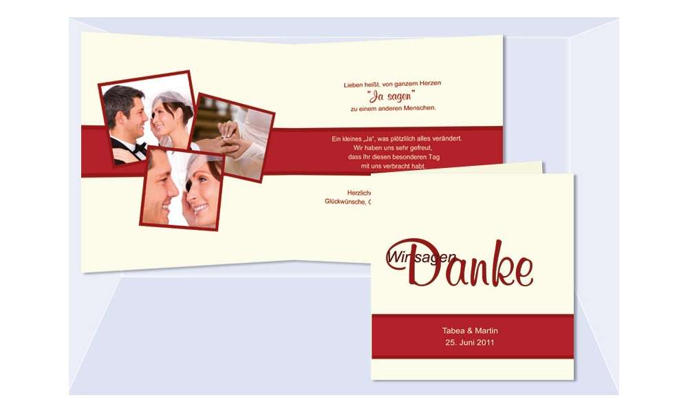 Karte, Danksagungskarte Hochzeit "Danke", Klappkarte Quadrat, rot creme
