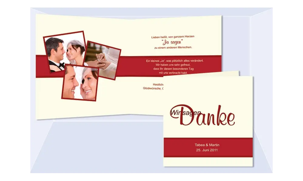 Karte, Danksagungskarte Hochzeit "Danke", Klappkarte Quadrat, rot creme
