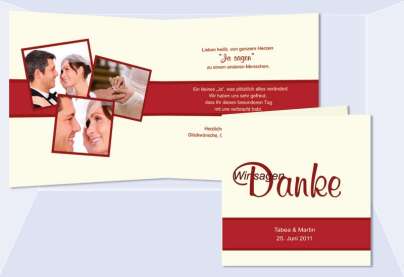 Karte, Danksagungskarte Hochzeit "Danke", Klappkarte Quadrat, rot creme