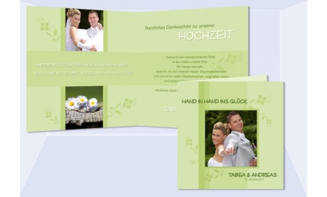 Karte, Danksagungskarte Hochzeit "Hand in Hand", Klappkarte Quadrat, grün