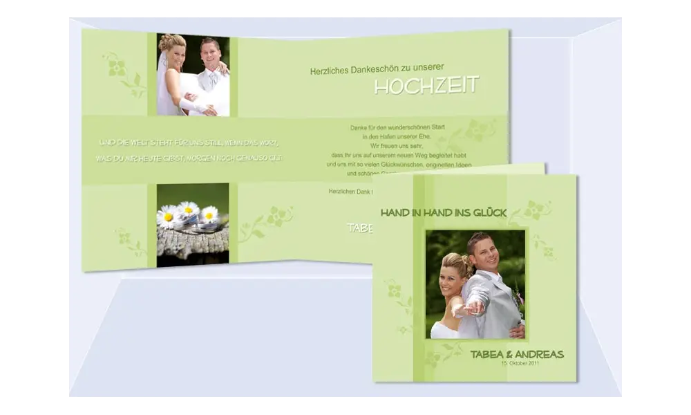 Karte, Danksagungskarte Hochzeit "Hand in Hand", Klappkarte Quadrat, grün