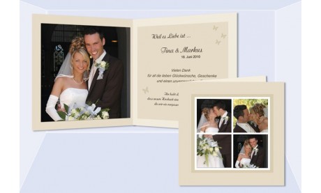Karte, Danksagungskarte Hochzeit "Schmetterling", Klappkarte Quadrat, beige
