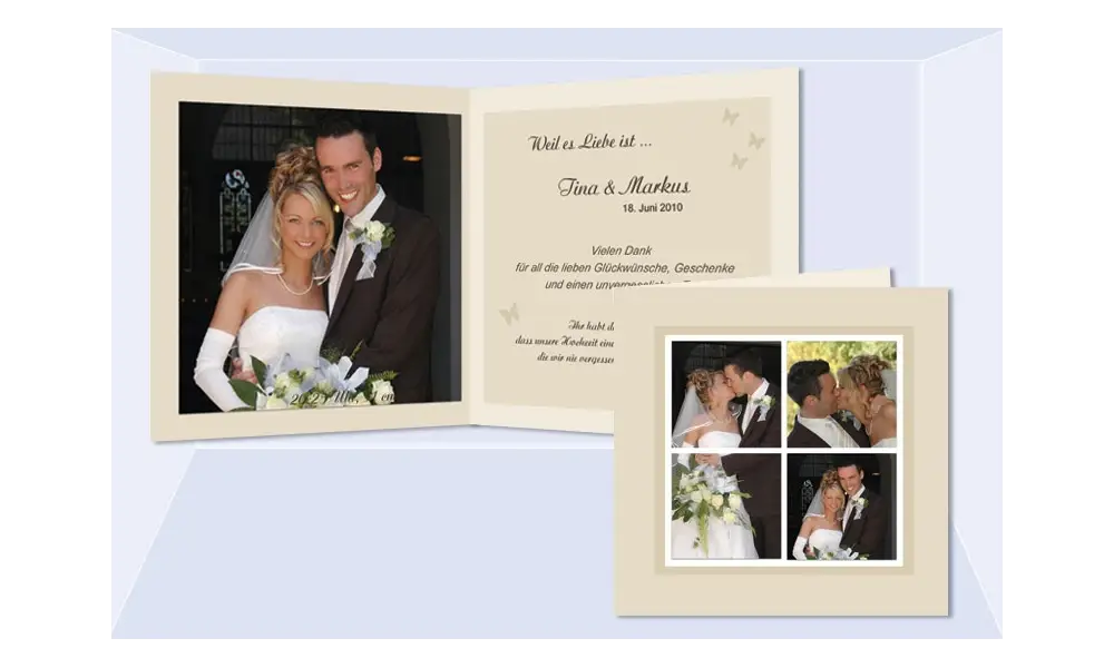 Karte, Danksagungskarte Hochzeit "Schmetterling", Klappkarte Quadrat, beige