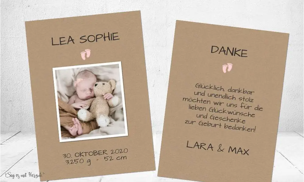 Dankeskarten Geburt Vintage Kraftpapier