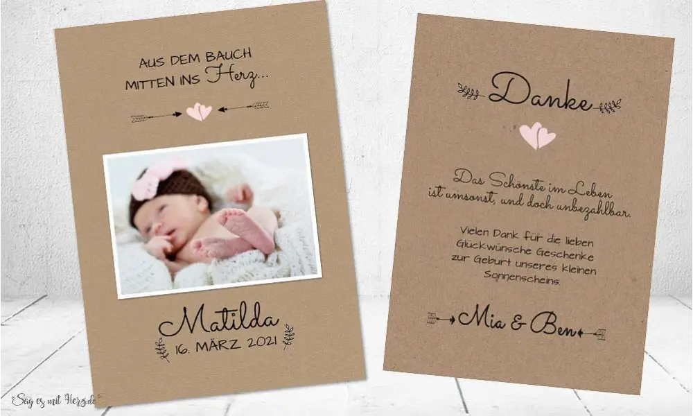 Dankeskarten Geburt Vintage Kraftpapier modern Naturpapier Postkarte