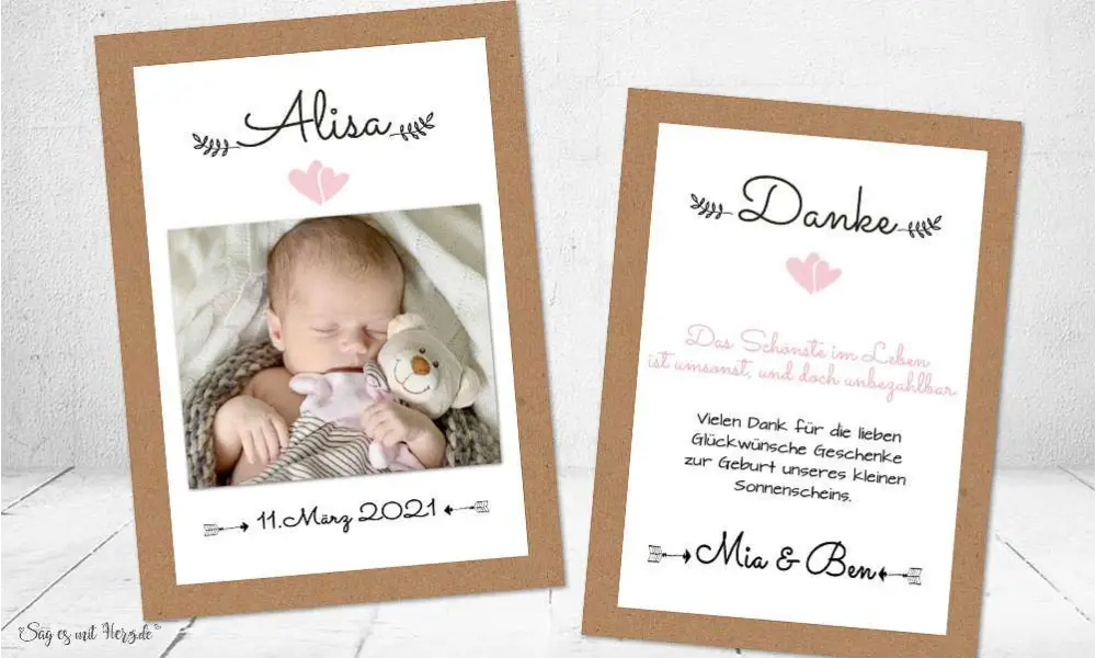 Dankeskarten Geburt Vintage Kraftpapier Herz rosa
