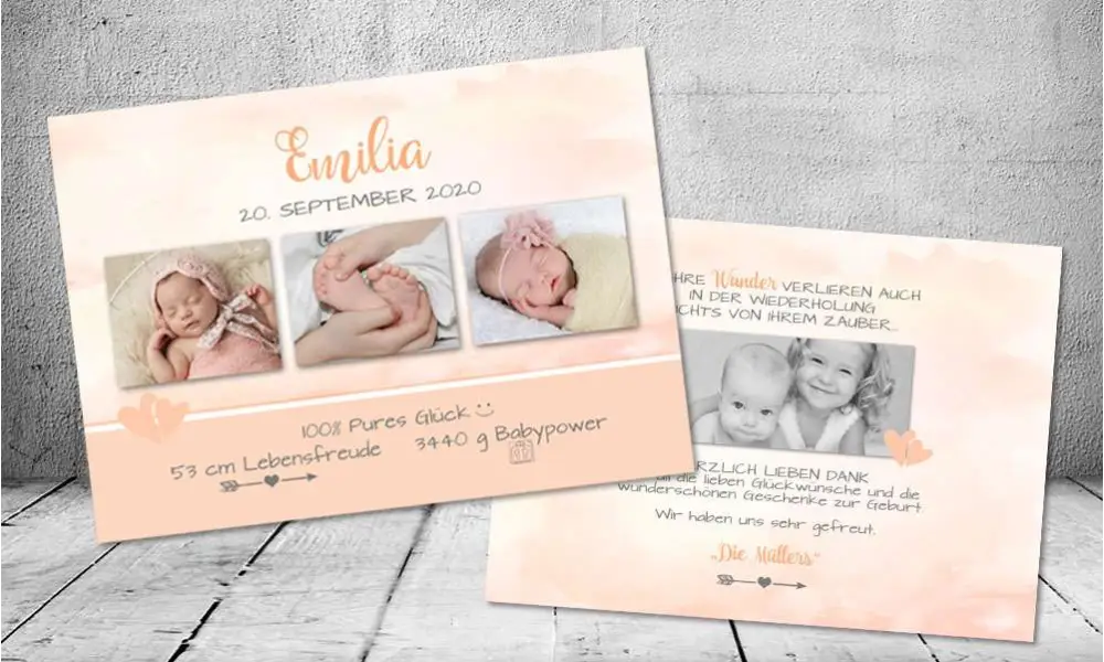 Vintage Dankeskarten Baby Geburt Aquarell Apricot