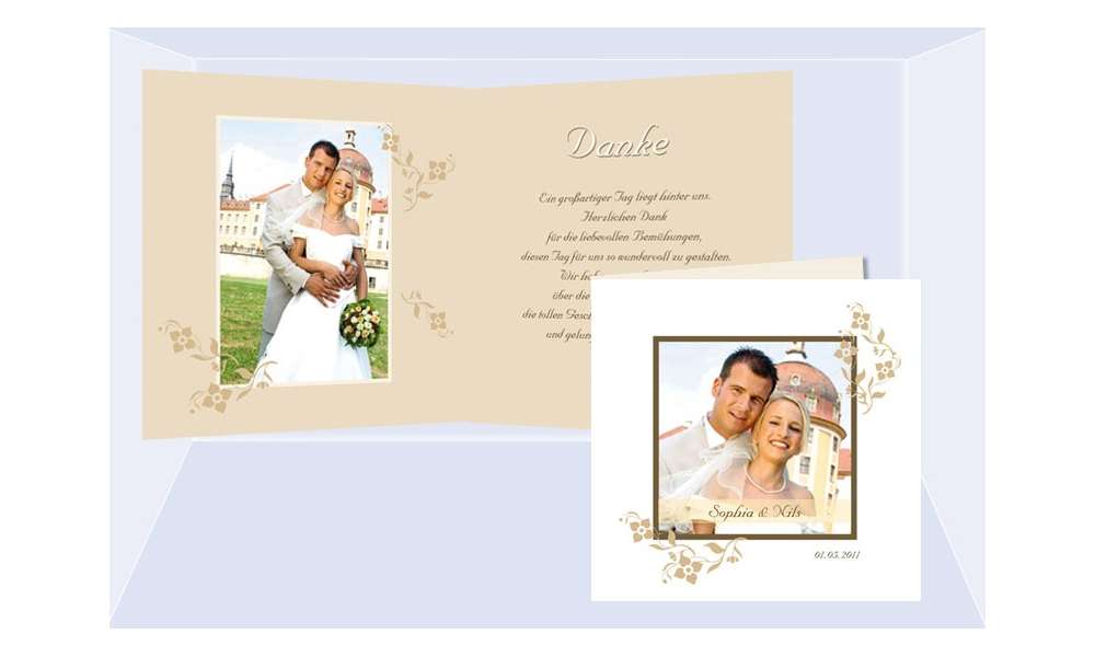Karte, Danksagungskarte Hochzeit "Blumenranke", Klappkarte Quadrat, beige
