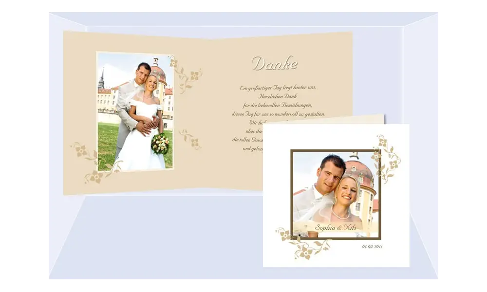 Karte, Danksagungskarte Hochzeit "Blumenranke", Klappkarte Quadrat, beige
