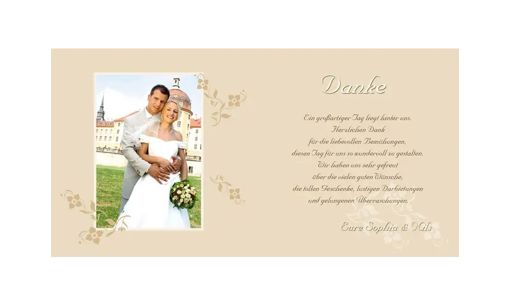 Karte, Danksagungskarte Hochzeit "Blumenranke", Klappkarte Quadrat, beige