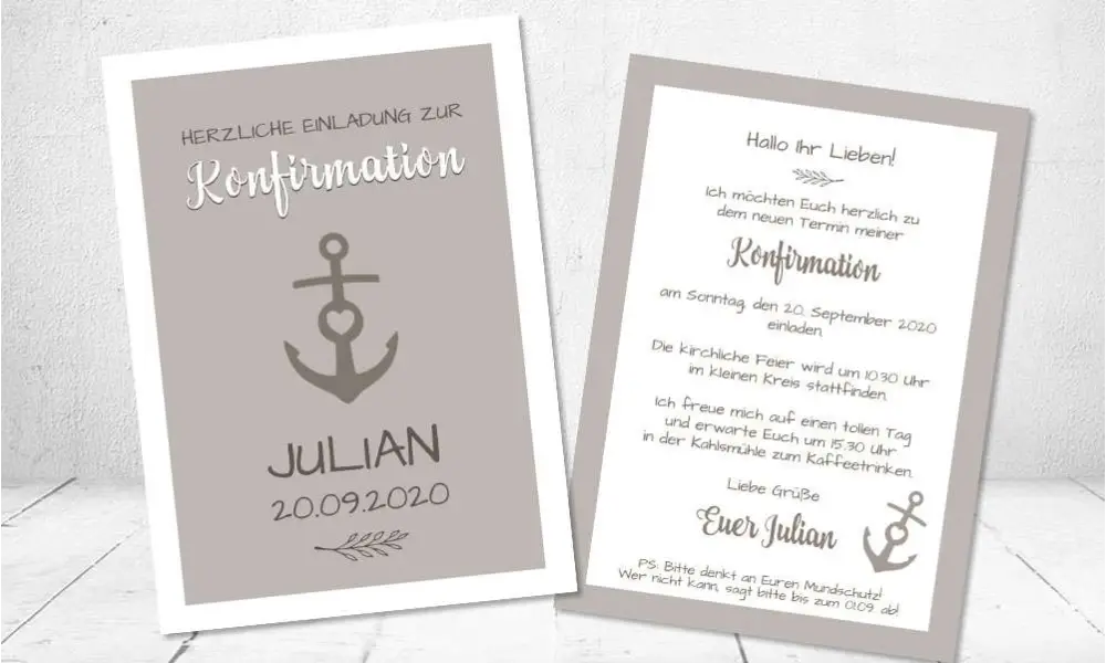 Einladungskarten Konfirmation Anker modern Postkarte taupe