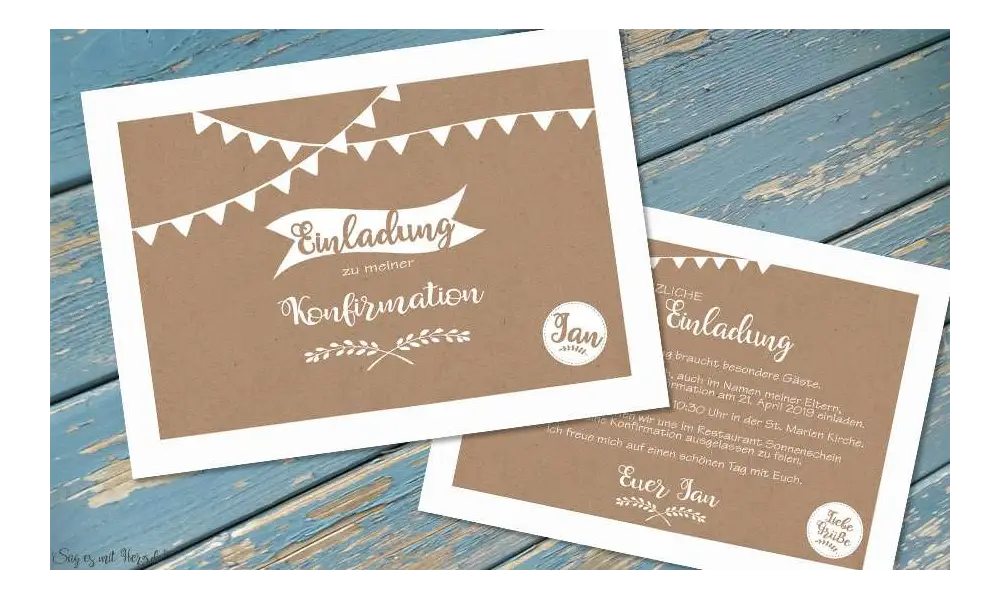 Einladungskarten Konfirmation Vintage Stil Kraftpapier Wimpel modern Postkarte