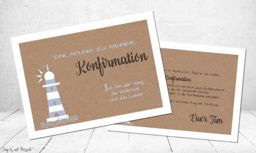 Einladungskarten Konfirmation Leuchtturm Vintage Stil Kraftpapier ohne Foto Postkarte