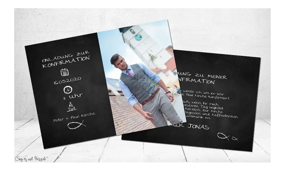 Einladungskarten Konfirmation Christliche Symbole Vintage Stil Tafellook modern Postkarte mit Foto