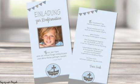 Einladungskarten Kommunion mit Foto Wimpel Motto Boot Schiff Junge Vintage