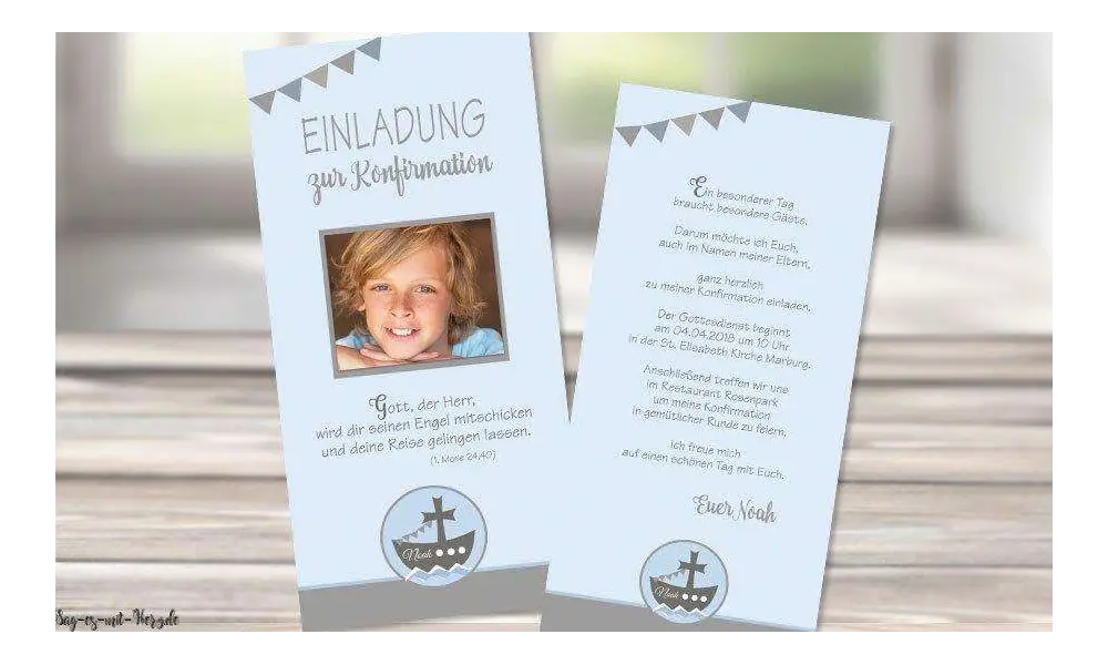 Einladungskarten Kommunion mit Foto Wimpel Motto Boot Schiff Junge Vintage