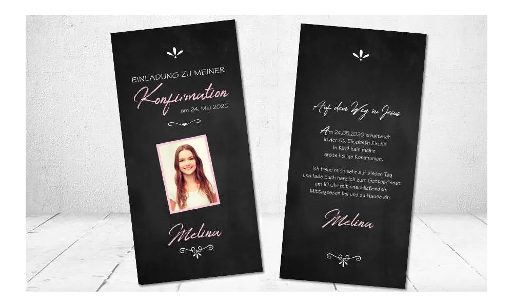 Einladungskarten Konfirmation Vintage Stil Tafellook modern Postkarte mit Foto Mädchen