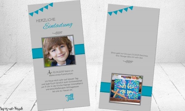 Einladungskarten Kommunion mit Foto Postkarte türkis grau modern Wimpel