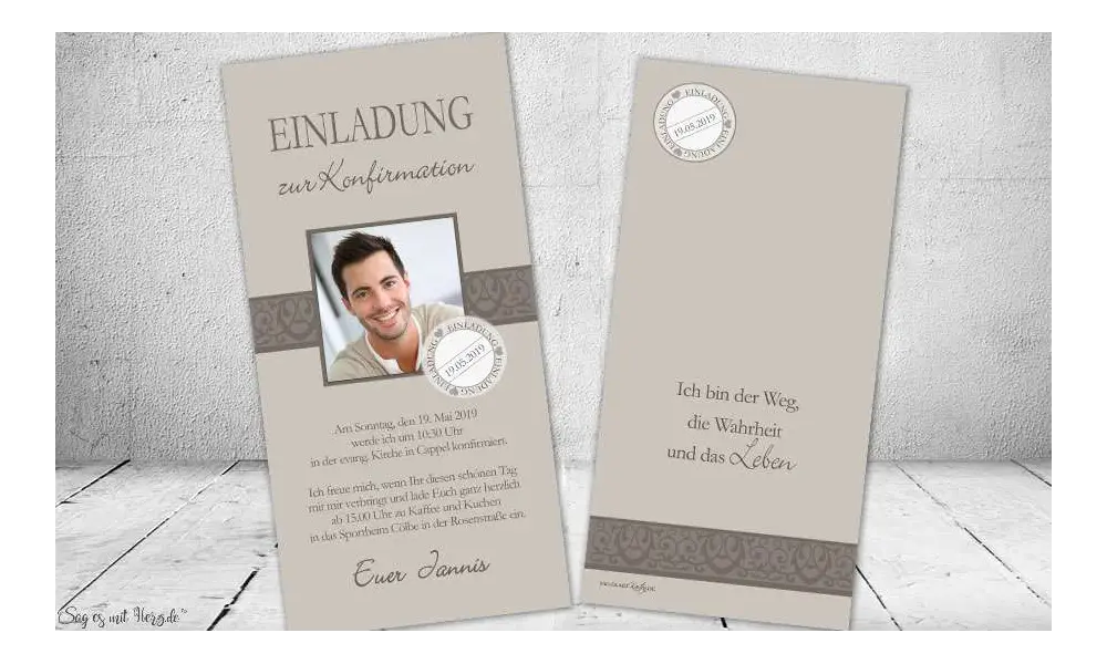 Einladungskarten Konfirmation mit Foto taupe modern Vintage