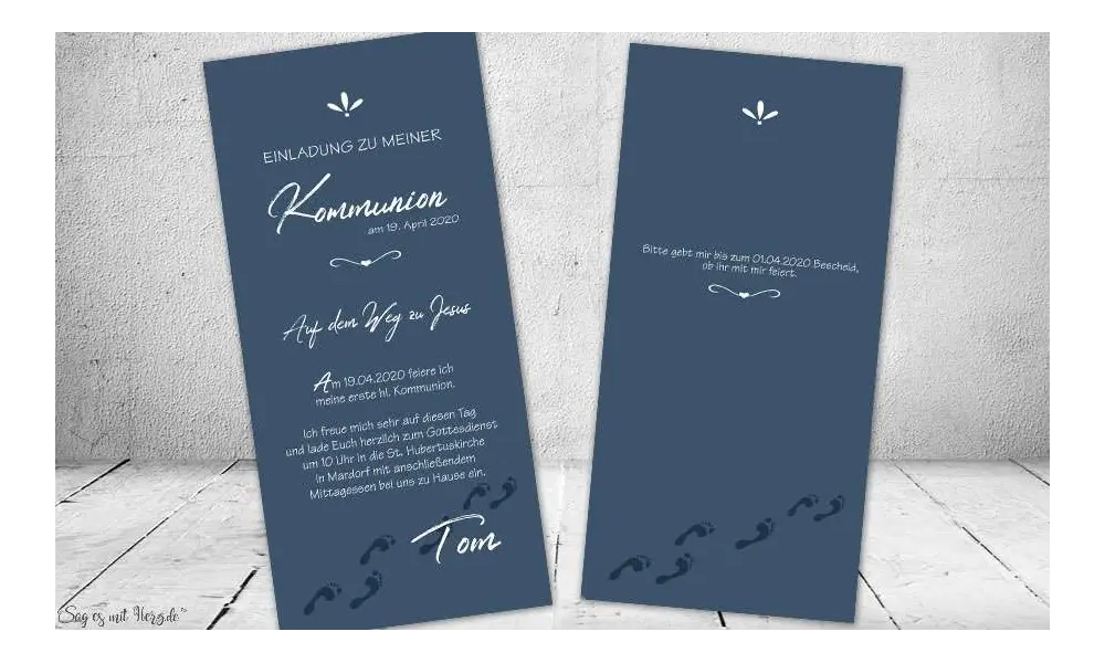 Einladungskarten Konfirmation Fußspuren ohne Foto dunkelblau Junge