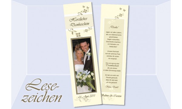 Danksagung Hochzeit, Lesezeichen / Karte "Blumenranke", creme