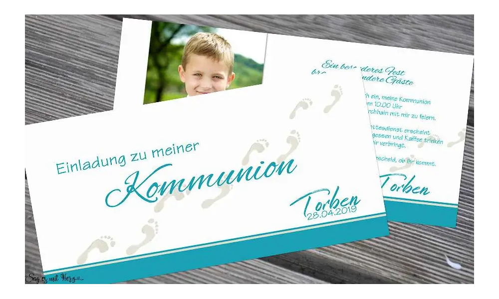 Einladungskarten Kommunion Fußspuren Weg mit Jesus türkis