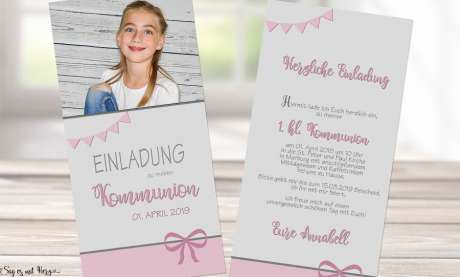 Einladungskarten Kommunion mit Foto rosa grau Mädchen modern
