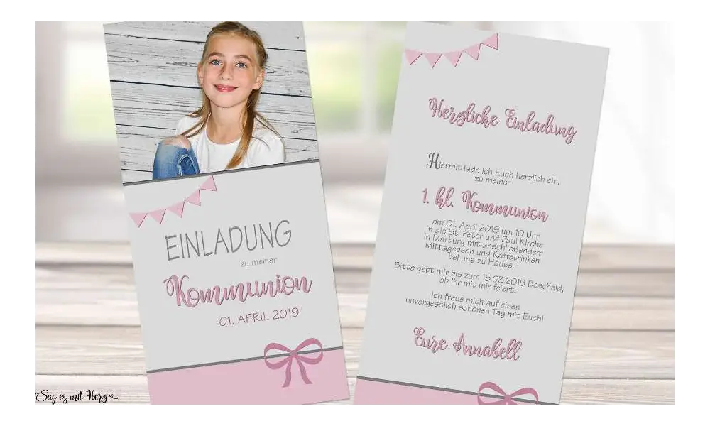 Einladungskarten Kommunion mit Foto rosa grau Mädchen modern