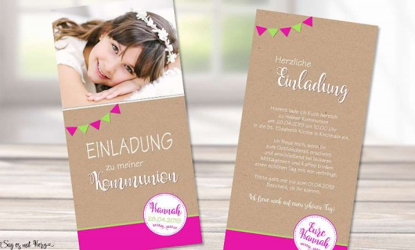 Einladungskarten Konfirmation Vintage Stil naturell Kraftpapier mit Foto Mädchen pink Wimpel