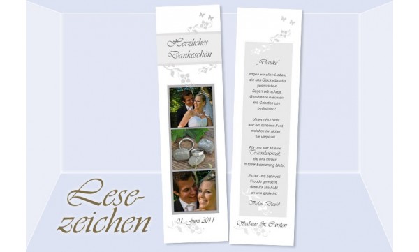 Danksagung Hochzeit, Lesezeichen / Karte "Blütenzauber", weiß grau