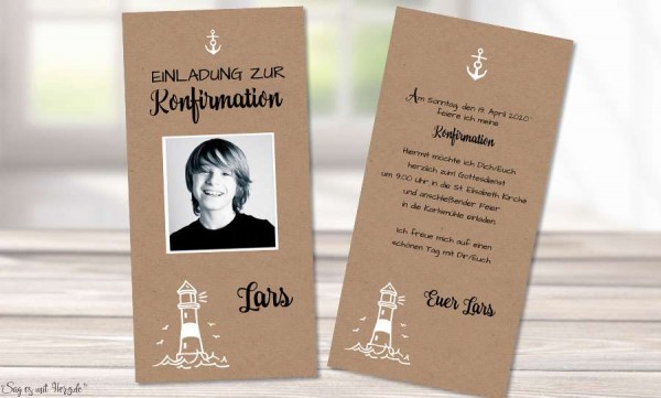 Einladungskarten Konfirmation Vintage Stil naturell Kraftpapier mit Foto Junge modern Lechtturm